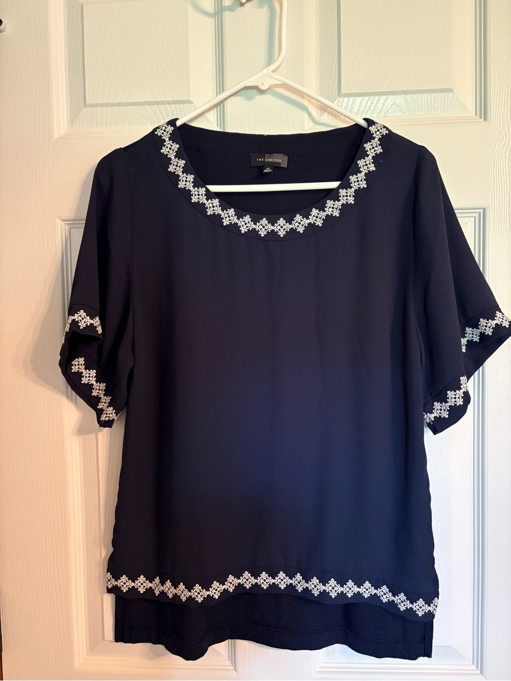 The Limited Navy Blouse with White Geometric Trim